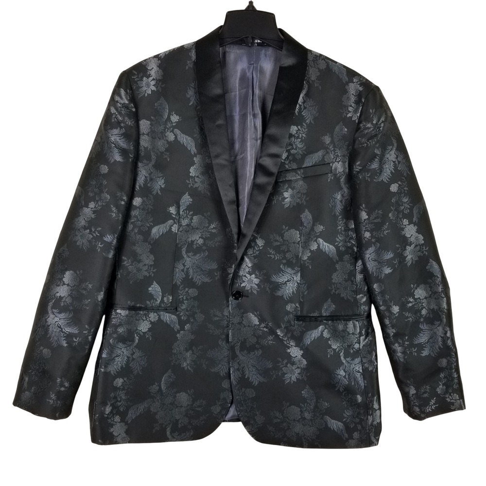 Express Tuxedo Jacket Mens 44R Black Floral Jacquard Satin Shawl Lapel Slim Fit